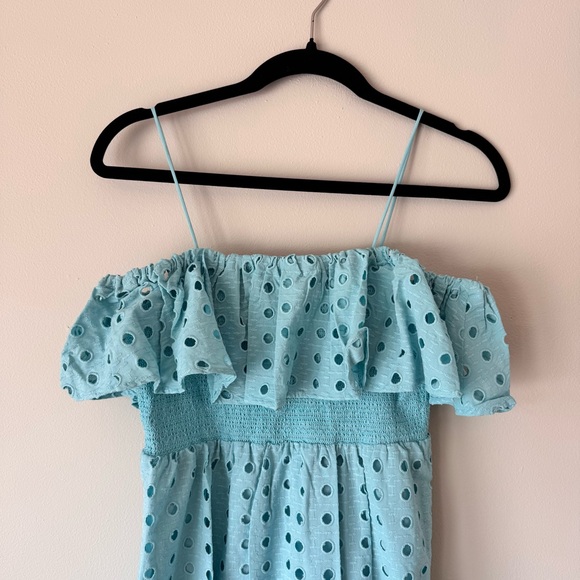T Tahari Eyelet Midi Dress Blue Off-Shoulder Smocked Bodice Tiered NWT Sz XS - Picture 4 of 15